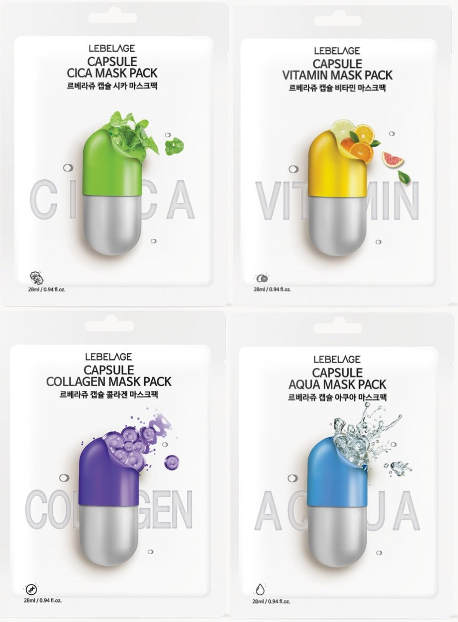 [ LEBELAGE ] Capsule Mask Pack 28g (4 Types) – Hydrating & Soothing Korean Sheet Masks (1PC)