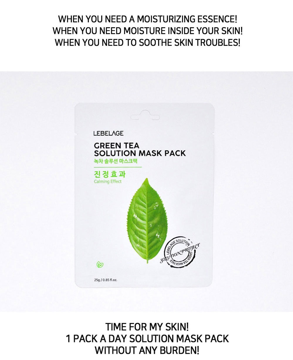 [ LEBELAGE ] Green Tea Solution Mask Pack 25g | Calming Korean Sheet Face Mask