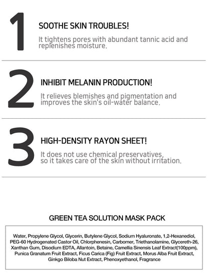 [ LEBELAGE ] Green Tea Solution Mask Pack 25g | Calming Korean Sheet Face Mask